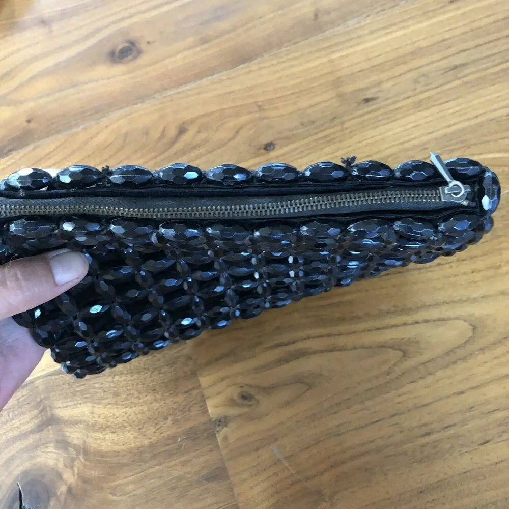Vintage Black Beaded Clutch Purse 9 x 6.5 x 1